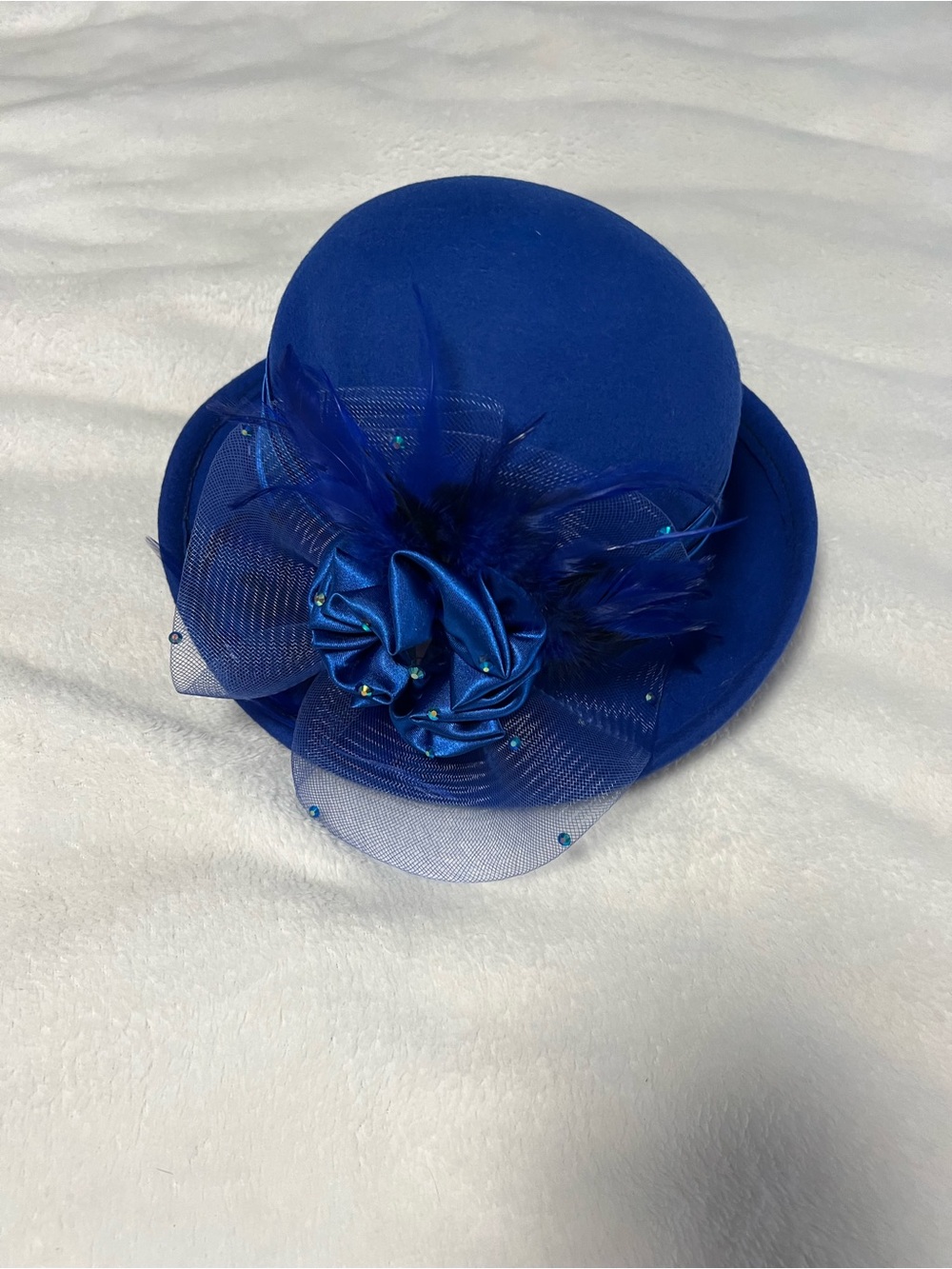 Blue Women's Dress Hat with Floral Veil Accent